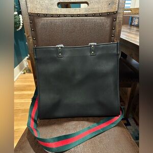 NWOT Black Leather Tote Bag with Green and Red Strap